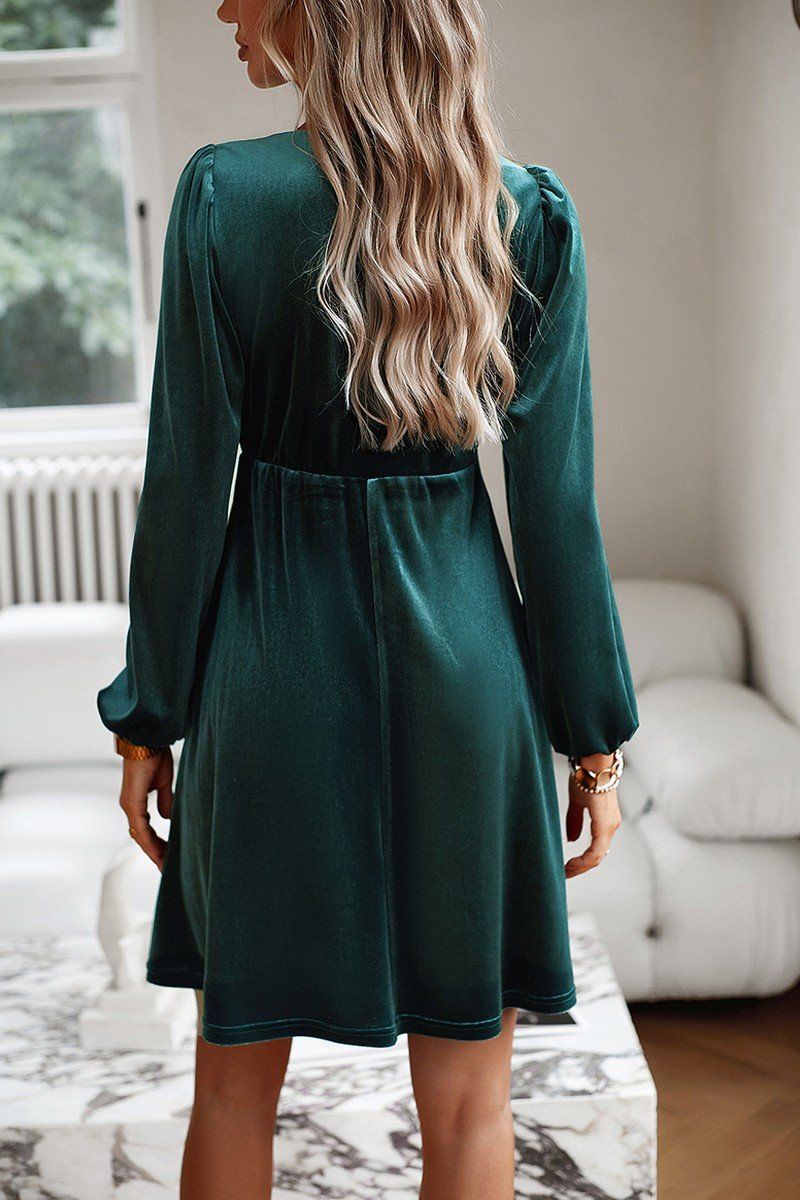 VELVET SQUARE NECK FLUTTER PUFF SLEEVE DRESS