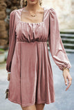 VELVET SQUARE NECK FLUTTER PUFF SLEEVE DRESS