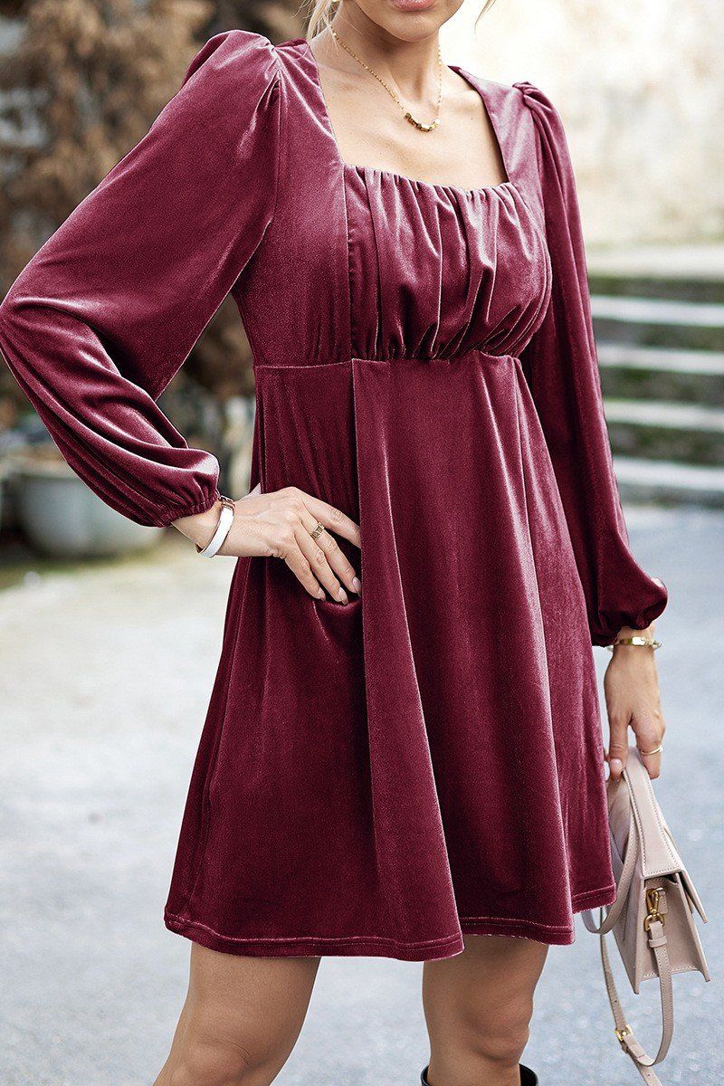 VELVET SQUARE NECK FLUTTER PUFF SLEEVE DRESS