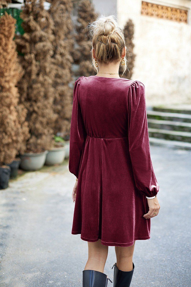 VELVET SQUARE NECK FLUTTER PUFF SLEEVE DRESS