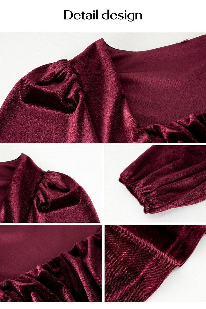 VELVET SQUARE NECK FLUTTER PUFF SLEEVE DRESS