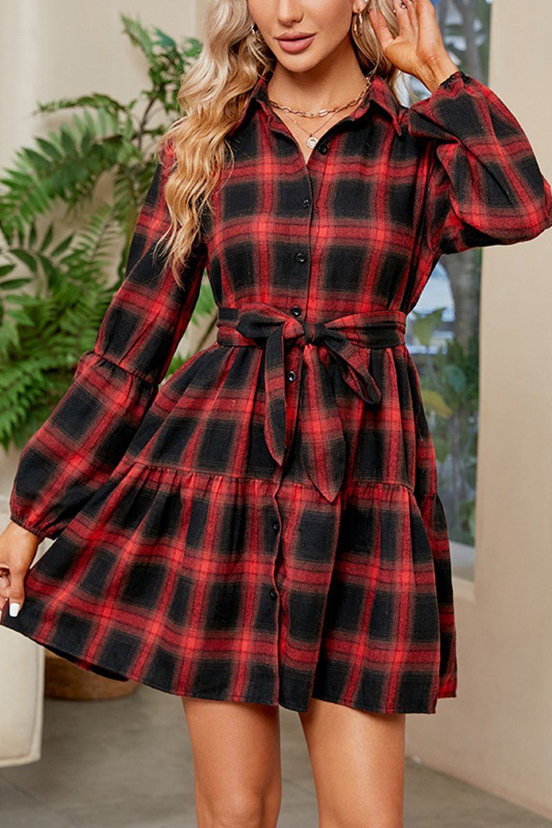 WOMEN ELASTIC CUFF BUTTON UP PLAID SHIRTS DRESS