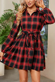 WOMEN ELASTIC CUFF BUTTON UP PLAID SHIRTS DRESS