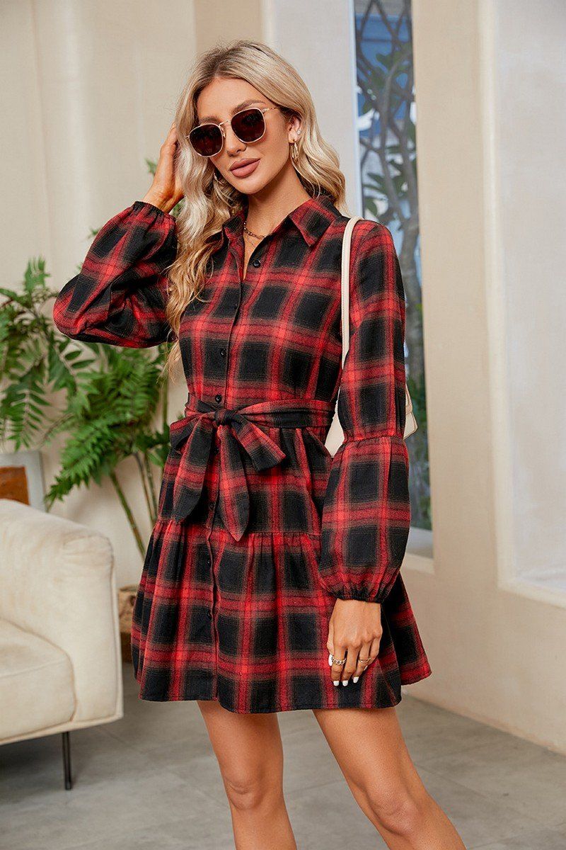 WOMEN ELASTIC CUFF BUTTON UP PLAID SHIRTS DRESS