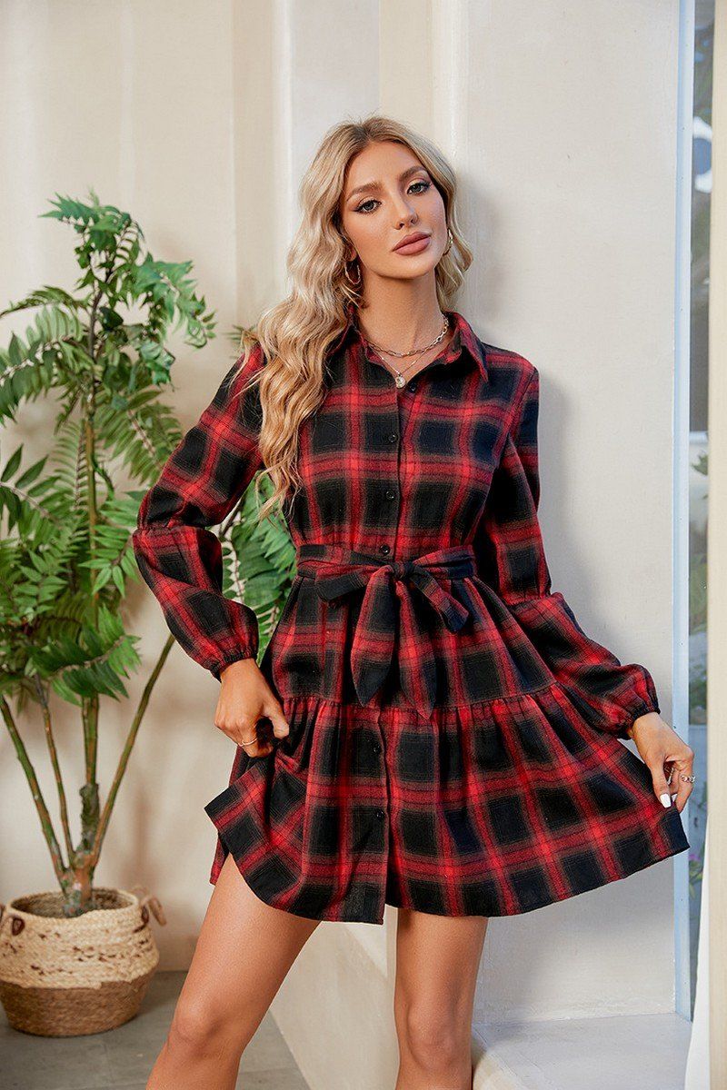 WOMEN ELASTIC CUFF BUTTON UP PLAID SHIRTS DRESS