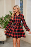 WOMEN ELASTIC CUFF BUTTON UP PLAID SHIRTS DRESS