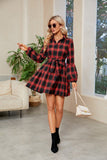 WOMEN ELASTIC CUFF BUTTON UP PLAID SHIRTS DRESS