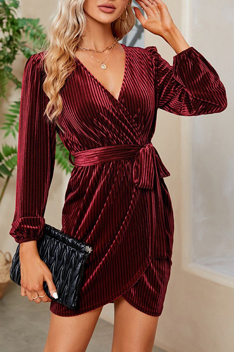 VELVET CORDUROY BELTED CROSS WRAP MINI DRESS