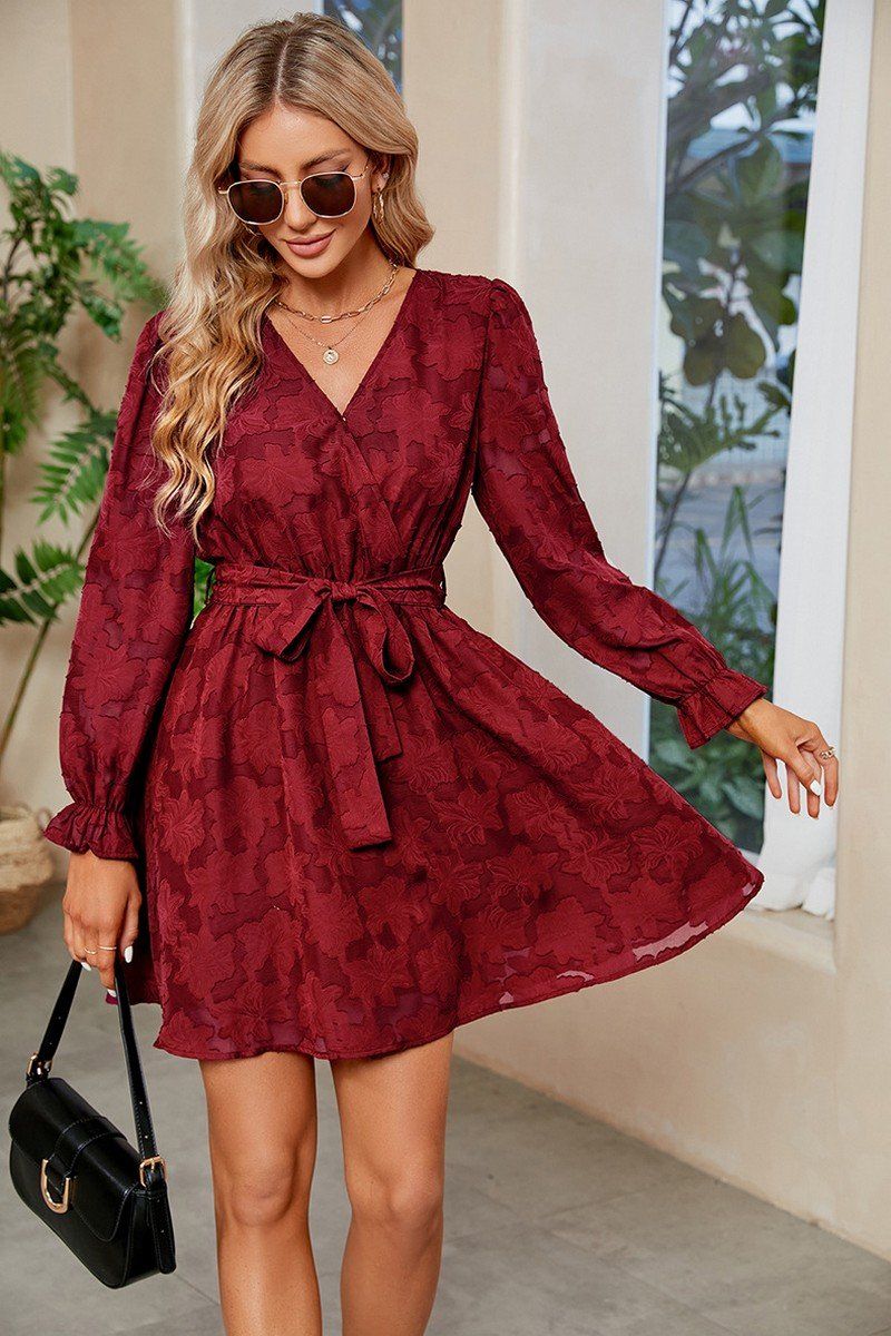 WOMEN FLORAL LACE TRIM BELTED FLOUNCE DRESS