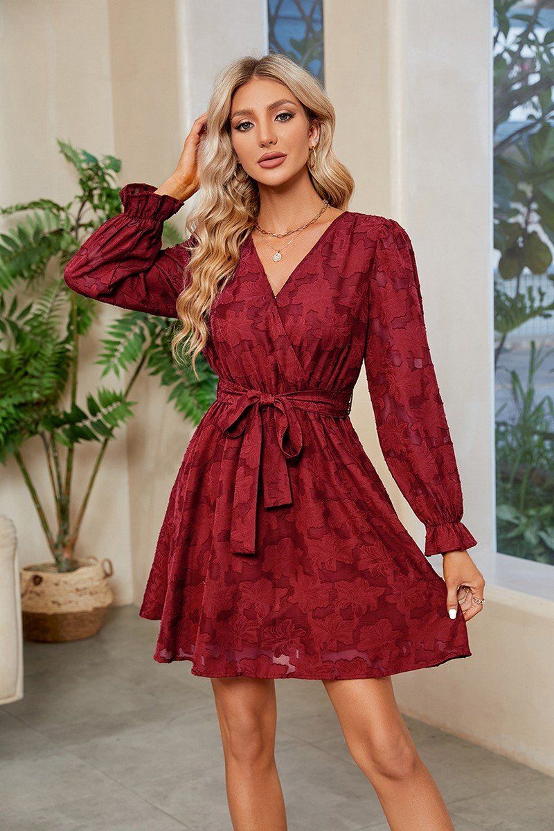 WOMEN FLORAL LACE TRIM BELTED FLOUNCE DRESS