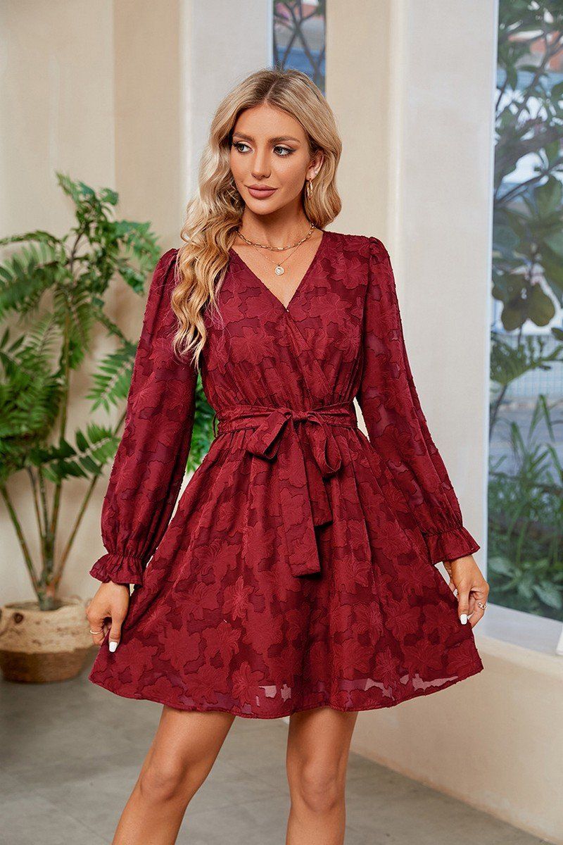 WOMEN FLORAL LACE TRIM BELTED FLOUNCE DRESS