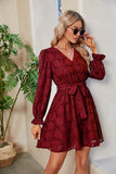 WOMEN FLORAL LACE TRIM BELTED FLOUNCE DRESS