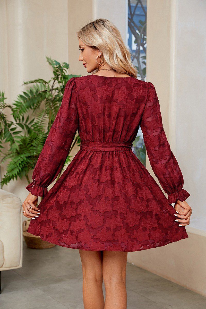 WOMEN FLORAL LACE TRIM BELTED FLOUNCE DRESS