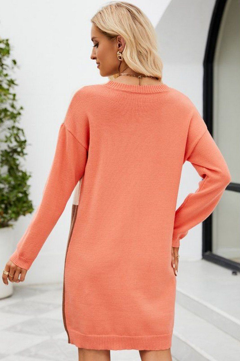 WOMEN COLOR BLOCKED ROUND NECK SWEAT DRESS