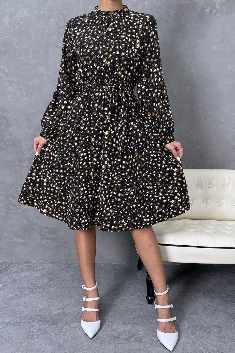 WOMEN LEOPARD PRINTING HIGH NECK BELTED MID DRESS