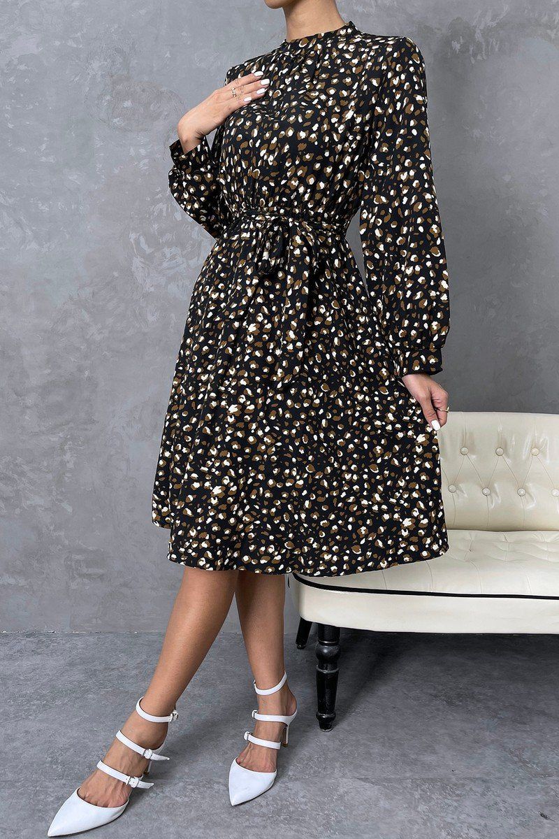 WOMEN LEOPARD PRINTING HIGH NECK BELTED MID DRESS