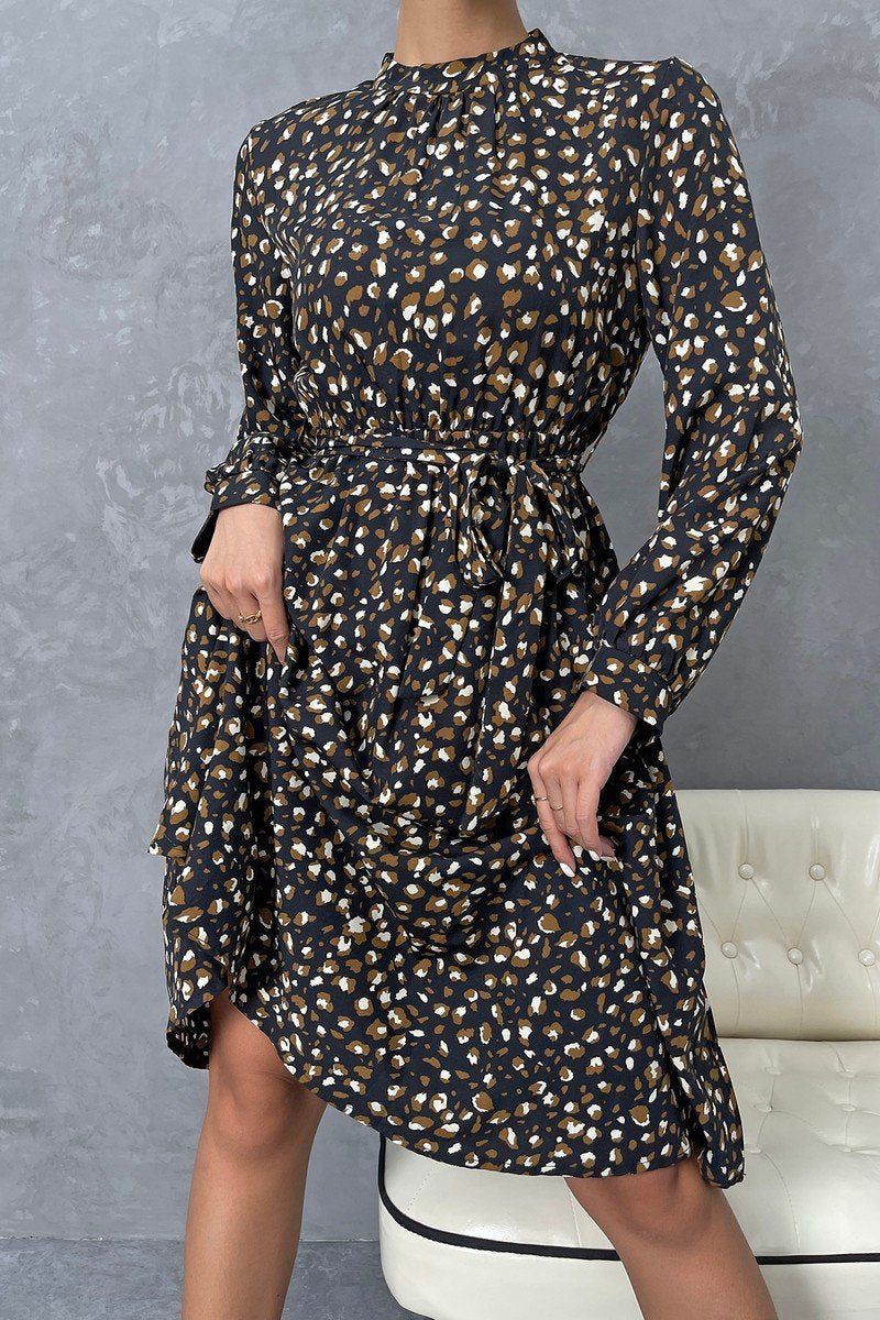 WOMEN LEOPARD PRINTING HIGH NECK BELTED MID DRESS