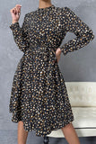 WOMEN LEOPARD PRINTING HIGH NECK BELTED MID DRESS