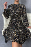 WOMEN LEOPARD PRINTING HIGH NECK BELTED MID DRESS
