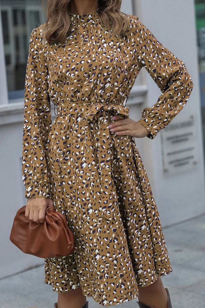 WOMEN LEOPARD PRINTING HIGH NECK BELTED MID DRESS