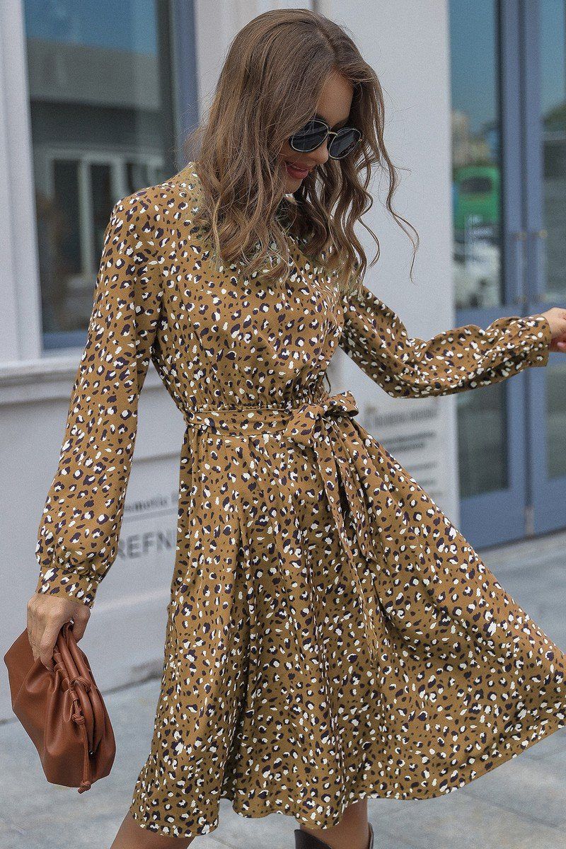 WOMEN LEOPARD PRINTING HIGH NECK BELTED MID DRESS