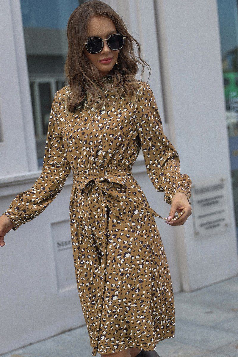 WOMEN LEOPARD PRINTING HIGH NECK BELTED MID DRESS