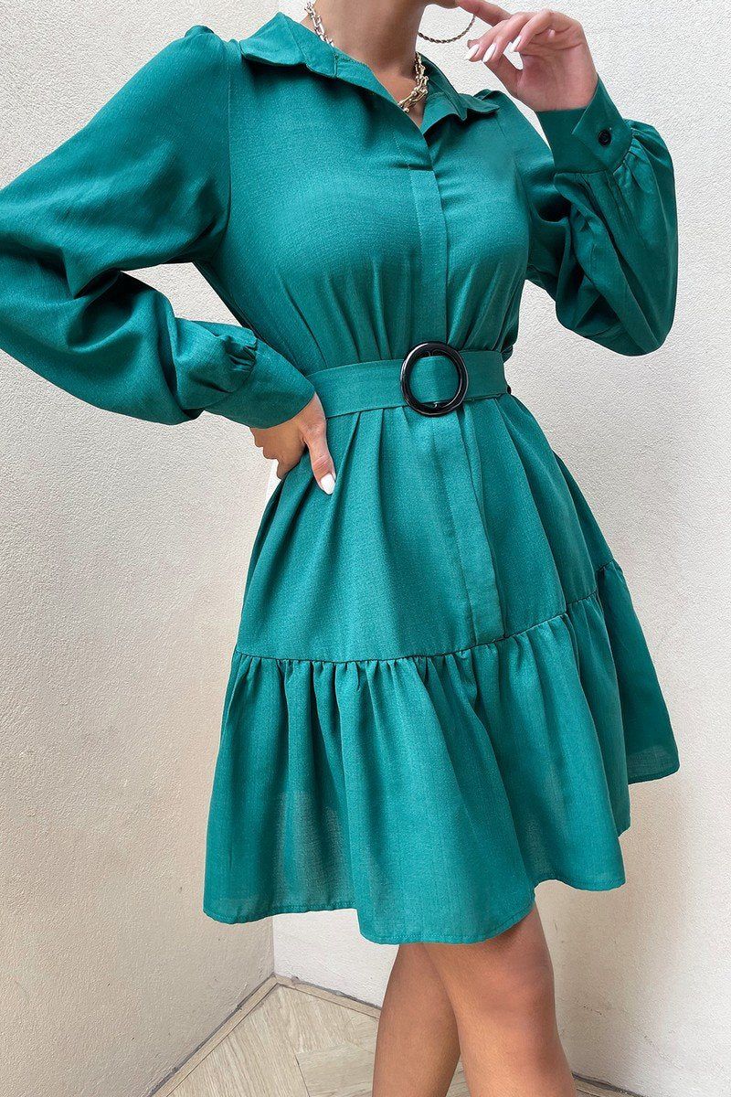 WOMEN BELTED BUTTON CUFF TIERED OFFICE DRESS