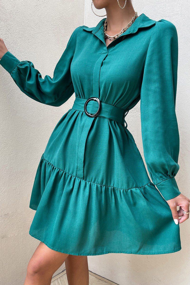 WOMEN BELTED BUTTON CUFF TIERED OFFICE DRESS