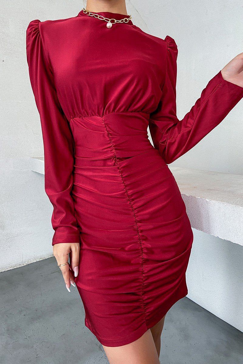 WOMEN PUFF SLEEVE SHIRRED EMPIRE WAIST SEXY DRESS