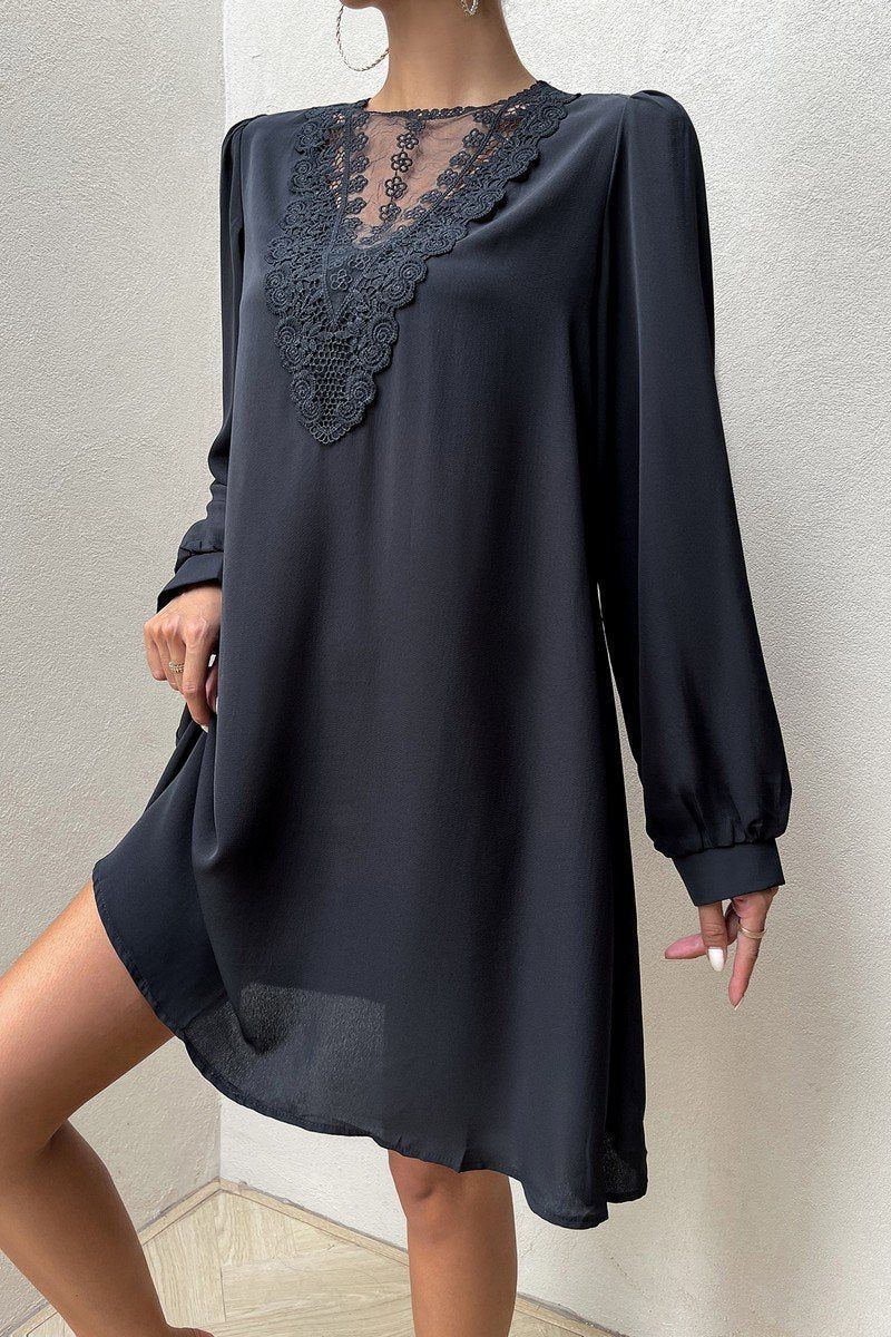 WOMEN LACE TRIM LOOSE FIT CHIFFONE SHORT DRESS