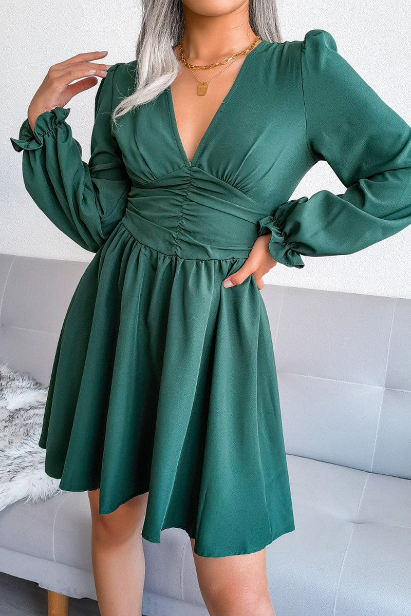 WOMEN EMPIRE SLIM WAIST SEXY V NECK RUFFLE DRESS