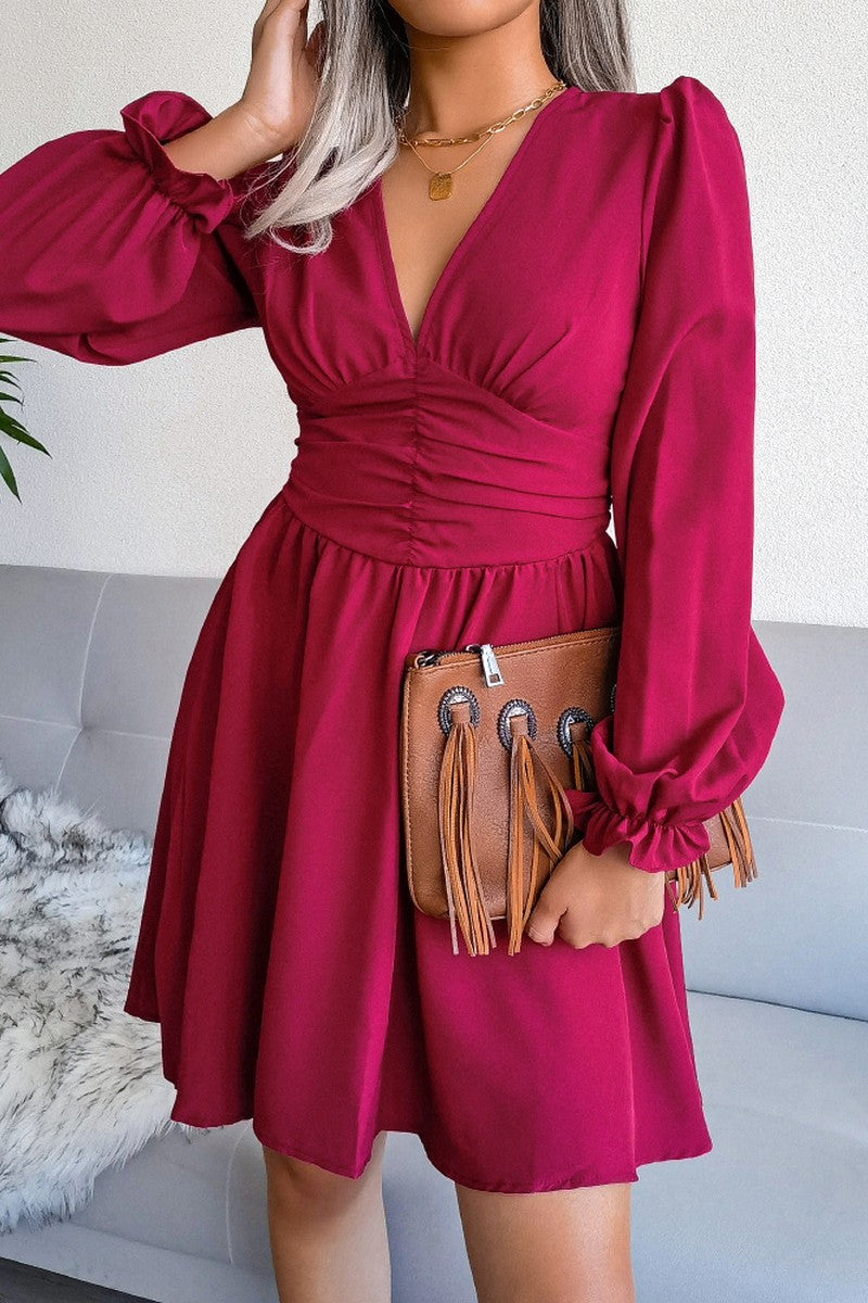 WOMEN EMPIRE SLIM WAIST SEXY V NECK RUFFLE DRESS