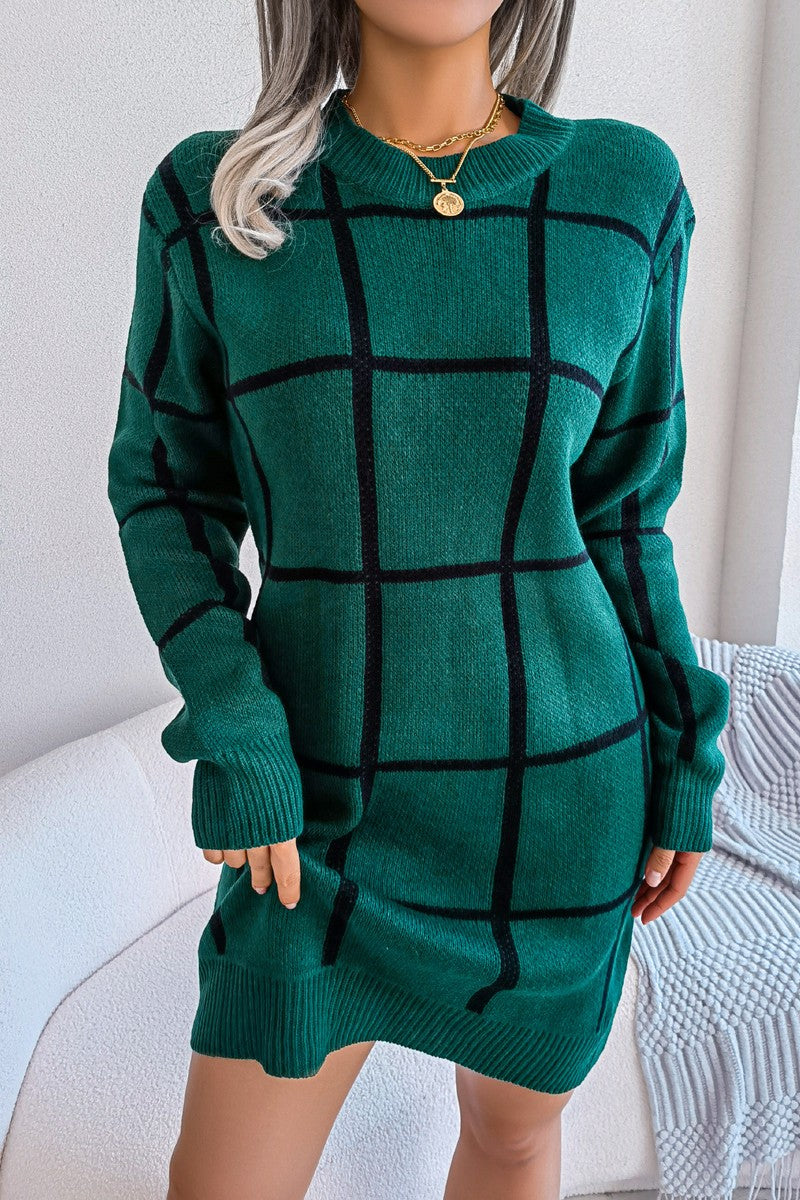 WOMEN PLAID PATTERN RIBBED HEM BELTED SWEAT DRESS