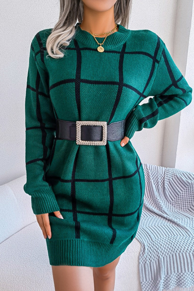 WOMEN PLAID PATTERN RIBBED HEM BELTED SWEAT DRESS