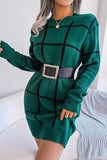 WOMEN PLAID PATTERN RIBBED HEM BELTED SWEAT DRESS