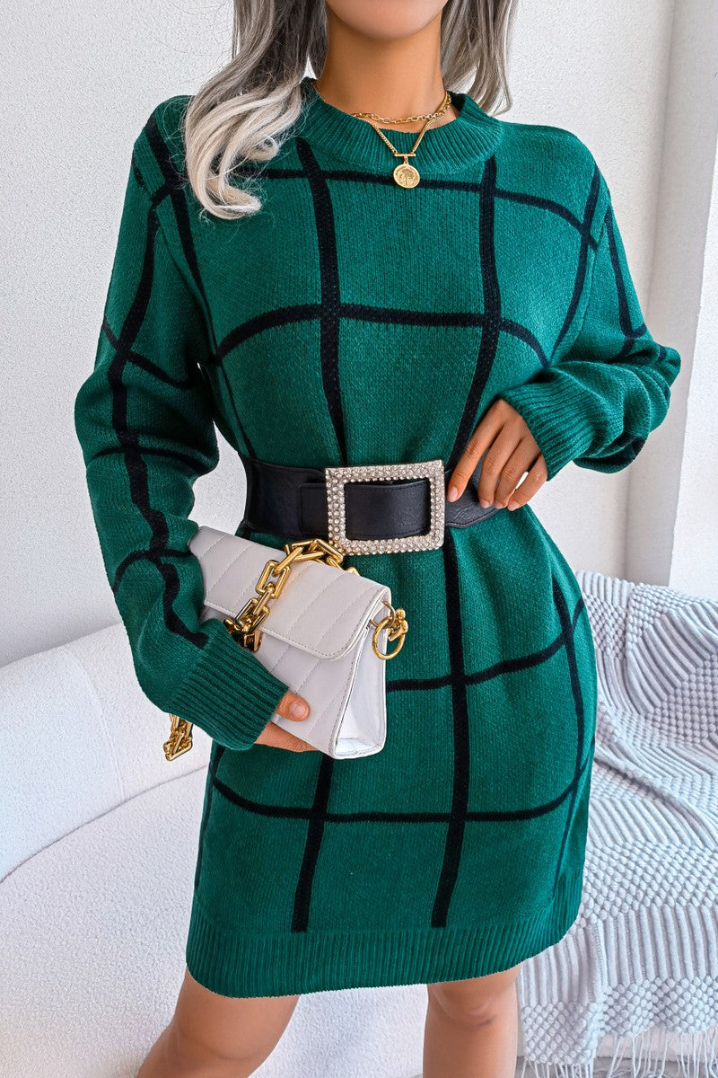 WOMEN PLAID PATTERN RIBBED HEM BELTED SWEAT DRESS