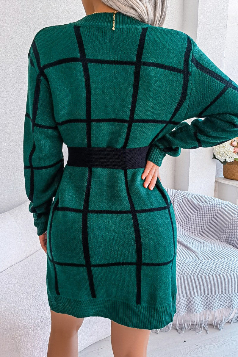 WOMEN PLAID PATTERN RIBBED HEM BELTED SWEAT DRESS