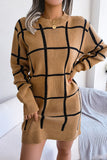 WOMEN PLAID PATTERN RIBBED HEM BELTED SWEAT DRESS