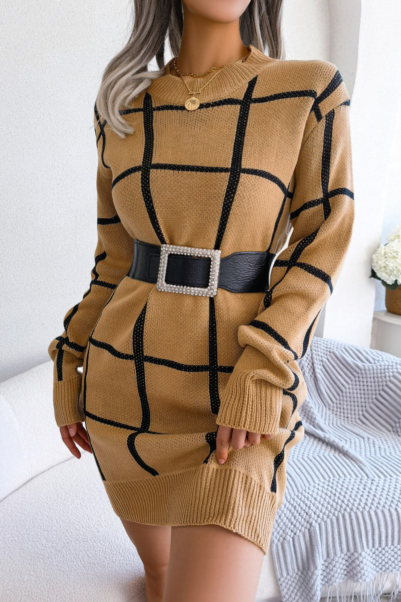 WOMEN PLAID PATTERN RIBBED HEM BELTED SWEAT DRESS