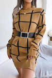 WOMEN PLAID PATTERN RIBBED HEM BELTED SWEAT DRESS