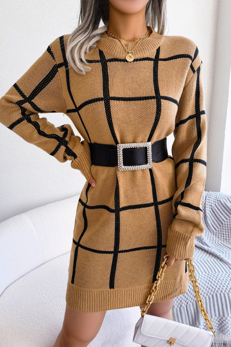 WOMEN PLAID PATTERN RIBBED HEM BELTED SWEAT DRESS