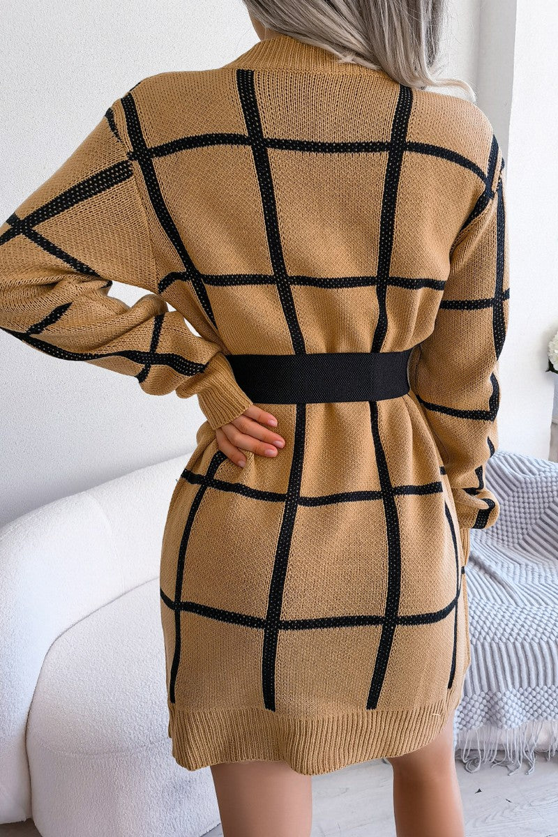 WOMEN PLAID PATTERN RIBBED HEM BELTED SWEAT DRESS