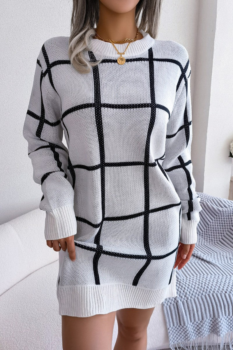 WOMEN PLAID PATTERN RIBBED HEM BELTED SWEAT DRESS