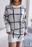 WOMEN PLAID PATTERN RIBBED HEM BELTED SWEAT DRESS