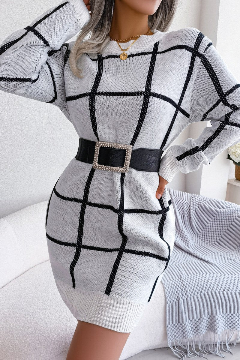 WOMEN PLAID PATTERN RIBBED HEM BELTED SWEAT DRESS