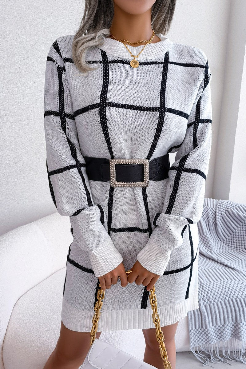 WOMEN PLAID PATTERN RIBBED HEM BELTED SWEAT DRESS