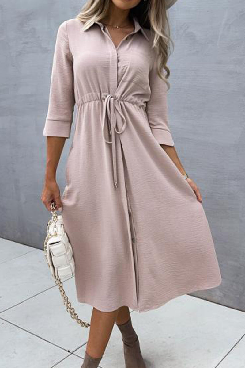 WOMEN DRASTRING WAIST BUTTON DOWN LONG DRESS