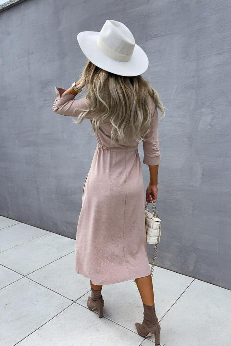 WOMEN DRASTRING WAIST BUTTON DOWN LONG DRESS