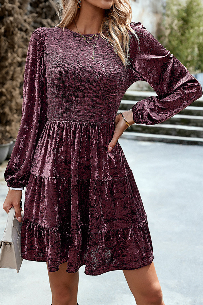 WOMEN SATIN SMOCKED TIERED LONG SLEEVE DRESS