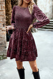 WOMEN SATIN SMOCKED TIERED LONG SLEEVE DRESS